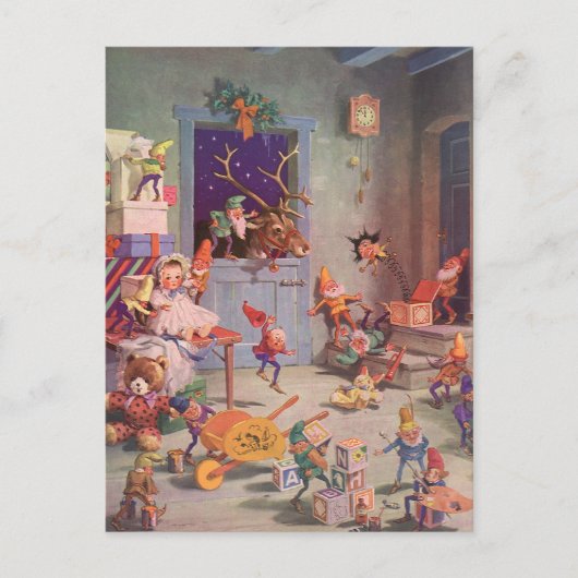 ヴィンテージクリスマスサンタクロース小人ワークショップ シーズンポストカード (正面)