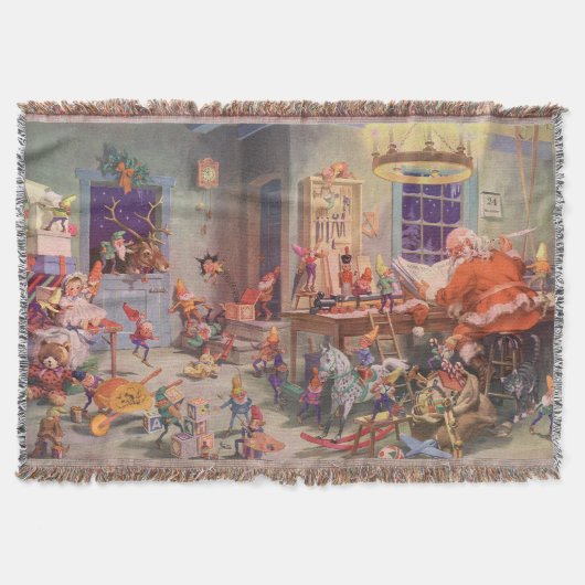 ヴィンテージクリスマスサンタクロース小人ワークショップ スローブランケット (正面)