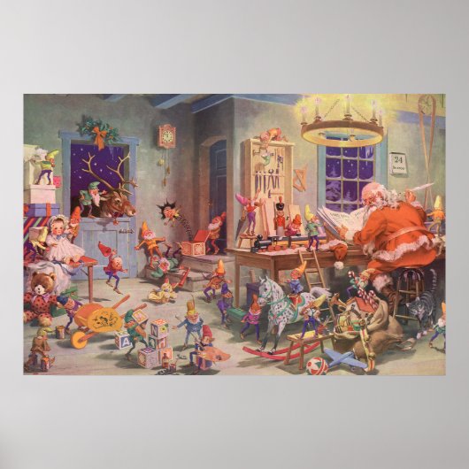 ヴィンテージクリスマスサンタクロース小人ワークショップ ポスター (正面)