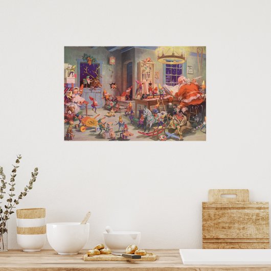 ヴィンテージクリスマスサンタクロース小人ワークショップ ポスター (キッチン)