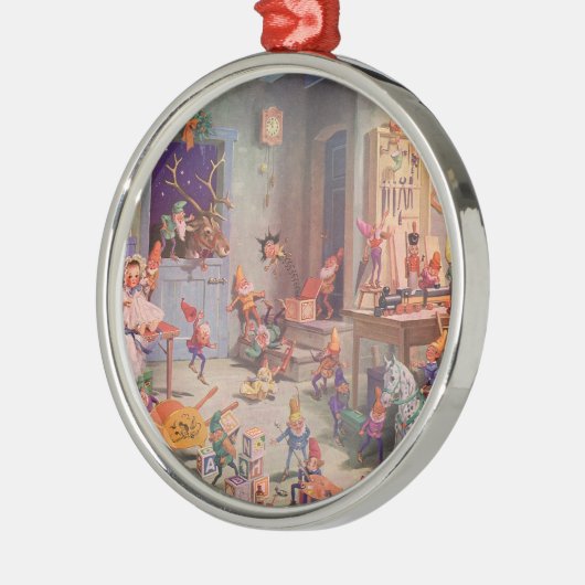 ヴィンテージクリスマスサンタクロース小人ワークショップ メタルオーナメント (左)