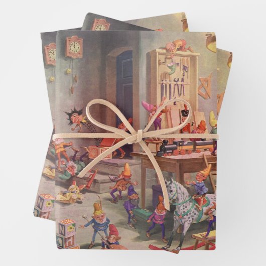ヴィンテージクリスマスサンタクロース小人ワークショップ ラッピングペーパーシート (インサイチュ)