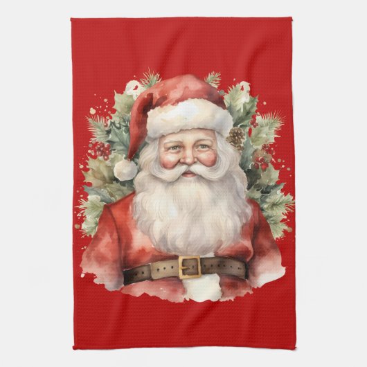 ヴィンテージクリスマスサンタクロース微笑 キッチンタオル (縦)