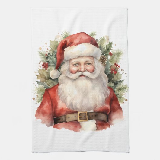 ヴィンテージクリスマスサンタクロース微笑 キッチンタオル (縦)