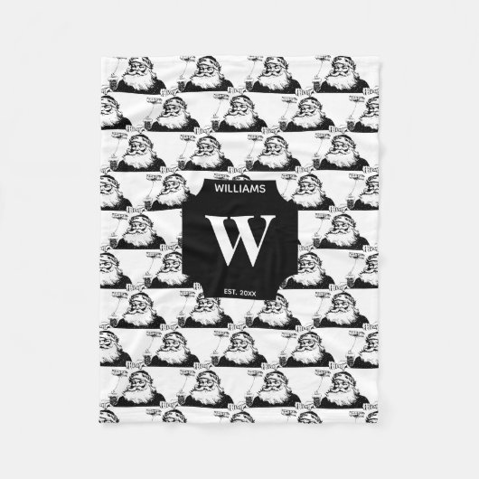 ヴィンテージクリスマスサンタクロース白黒モノグラム フリースブランケット (正面)