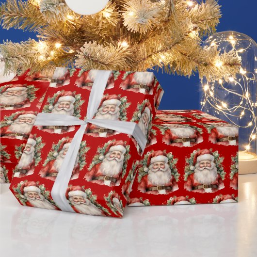 ヴィンテージクリスマスサンタクロース笑顔のパターン ラッピングペーパー (クリスマス)