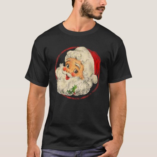 ヴィンテージクリスマスサンタクロース顔オールドファッションドB Tシャツ (正面)