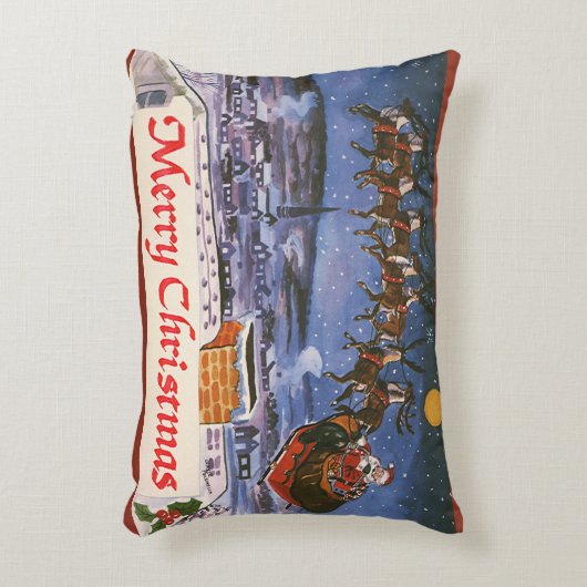 ヴィンテージクリスマスサンタクロース飛んでいる彼のそり アクセントクッション (正面(垂直))
