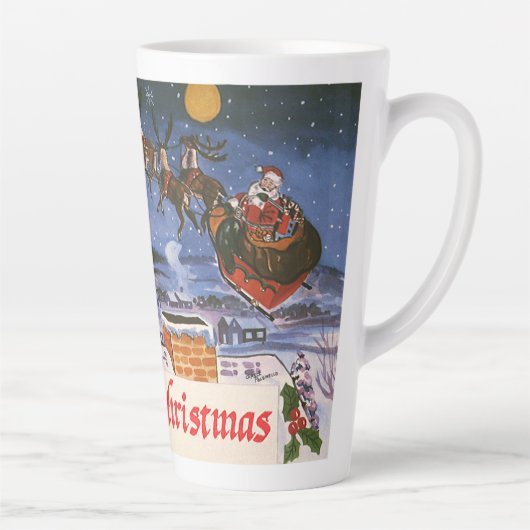 ヴィンテージクリスマスサンタクロース飛んでいる彼のそり カフェラテマグ (右)