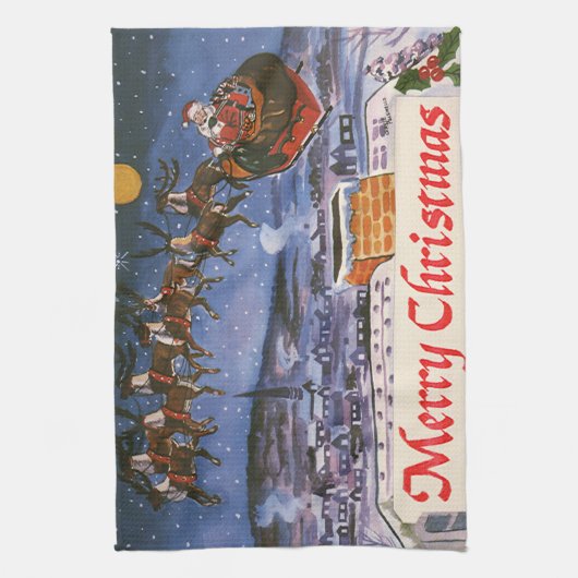 ヴィンテージクリスマスサンタクロース飛んでいる彼のそり キッチンタオル (縦)