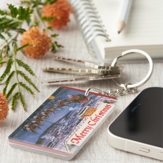 ヴィンテージクリスマスサンタクロース飛んでいる彼のそり キーホルダー (正面右)