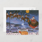 ヴィンテージクリスマスサンタクロース飛んでいる彼のそり シーズンポストカード (正面/裏面)