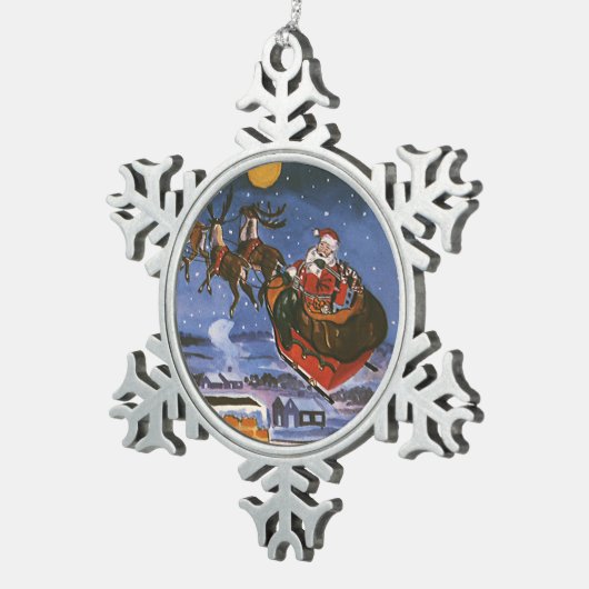 ヴィンテージクリスマスサンタクロース飛んでいる彼のそり スノーフレークピューターオーナメント (右)