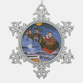 ヴィンテージクリスマスサンタクロース飛んでいる彼のそり スノーフレークピューターオーナメント (正面)