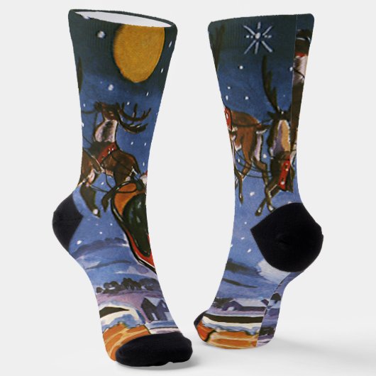 ヴィンテージクリスマスサンタクロース飛んでいる彼のそり ソックス (傾斜あり)