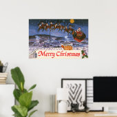ヴィンテージクリスマスサンタクロース飛んでいる彼のそり ポスター (ホームオフィス)
