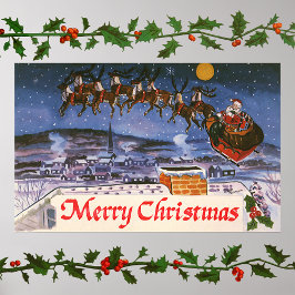 ヴィンテージクリスマスサンタクロース飛んでいる彼のそり ポスター
