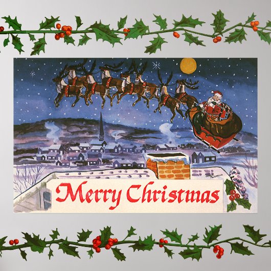 ヴィンテージクリスマスサンタクロース飛んでいる彼のそり ポスター