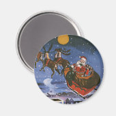 ヴィンテージクリスマスサンタクロース飛んでいる彼のそり マグネット (正面/裏面)