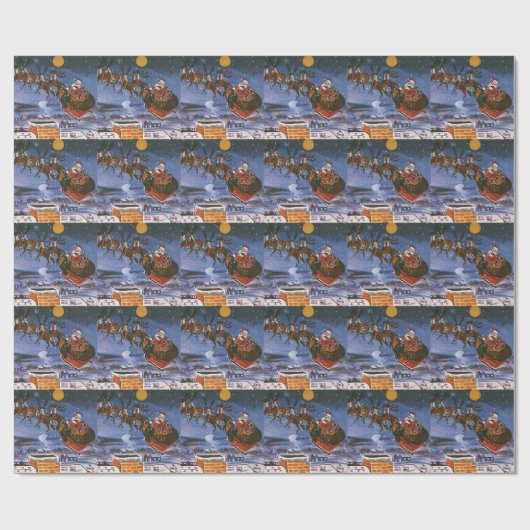 ヴィンテージクリスマスサンタクロース飛んでいる彼のそり ラッピングペーパー (フラット)