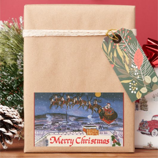 ヴィンテージクリスマスサンタクロース飛んでいる彼のそり 長方形シール (クリスマス)