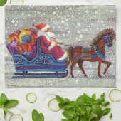 ヴィンテージクリスマスサンタクロース馬オープンスリー キッチンタオル (折り畳み)