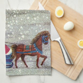 ヴィンテージクリスマスサンタクロース馬オープンスリー キッチンタオル (四つ折り)