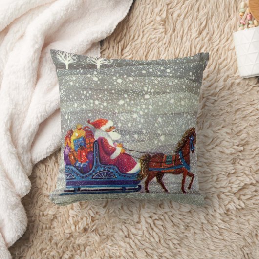 ヴィンテージクリスマスサンタクロース馬オープンスリー クッション (ブランケット)
