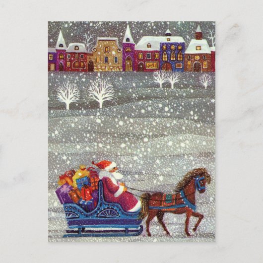 ヴィンテージクリスマスサンタクロース馬オープンスリー シーズンポストカード (正面)