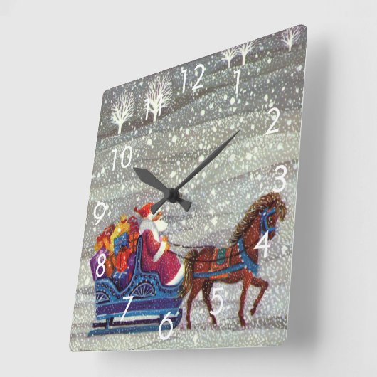 ヴィンテージクリスマスサンタクロース馬オープンスリー スクエア壁時計 (傾斜)