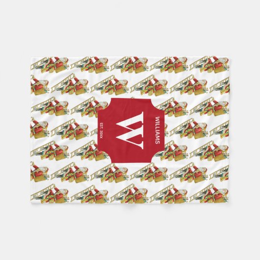 ヴィンテージクリスマスサンタクロース&ギフトモノグラムの フリースブランケット (正面(横))