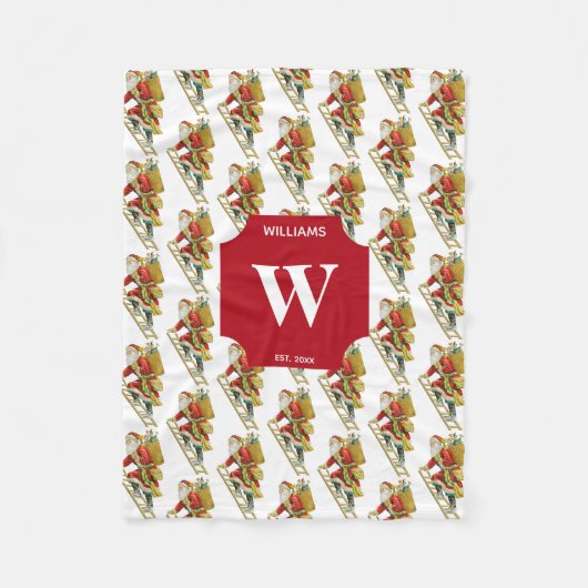 ヴィンテージクリスマスサンタクロース&ギフトモノグラムの フリースブランケット (正面)
