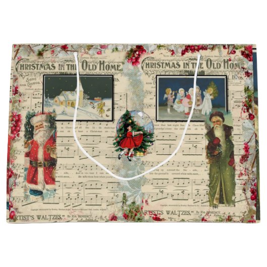 ヴィンテージクリスマスサンタス、子供、ミュージカルノート ラージペーパーバッグ (正面)