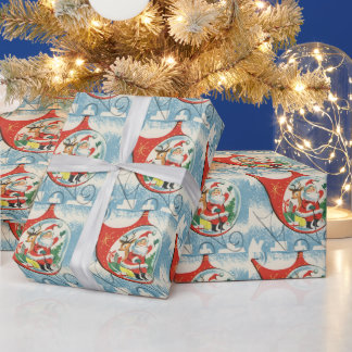 ヴィンテージクリスマスサンタトインデア飛んでいるヘリコプター ラッピングペーパー