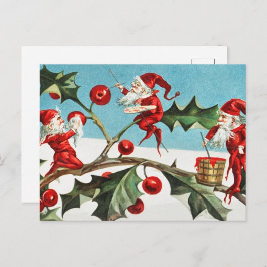 ヴィンテージクリスマスサンタ小妖精や小人アンドホリーベリー ポストカード (正面/裏面)