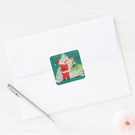ヴィンテージクリスマスサンタ飾とガールズツリー スクエアシール (封筒)