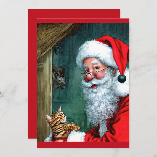 ヴィンテージクリスマスサンタ、猫&マウスフラットノートカード ノートカード (正面/裏面)