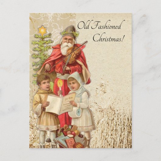 ヴィンテージクリスマスサン遊タのヴァイオリンキッズツリー シーズンポストカード (正面)