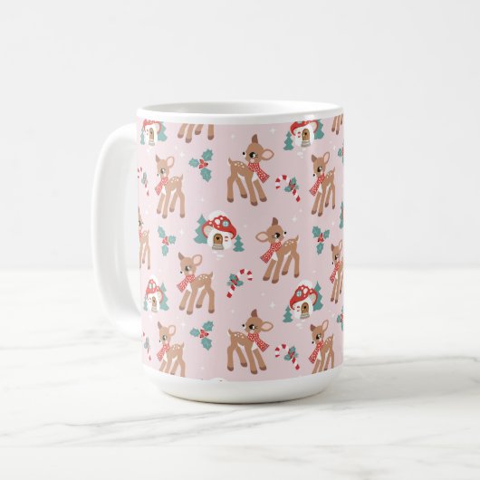ヴィンテージクリスマスシカとキノコの家のパターン コーヒーマグカップ (正面左)