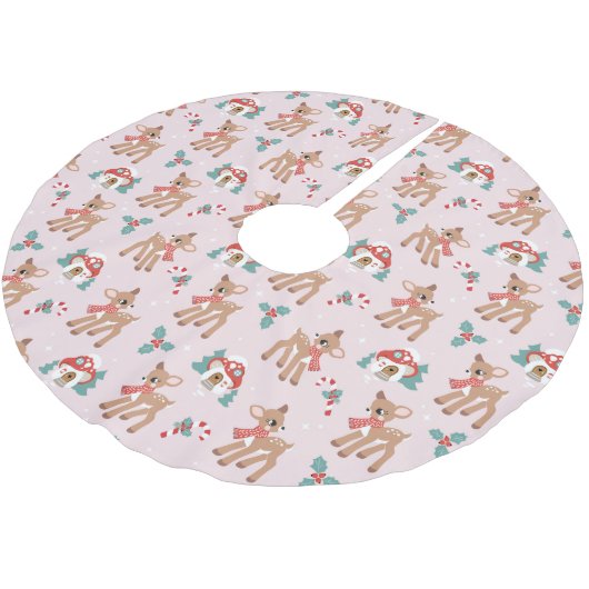 ヴィンテージクリスマスシカとキノコの家のパターン ブラッシュドポリエステルツリースカート (アングル)