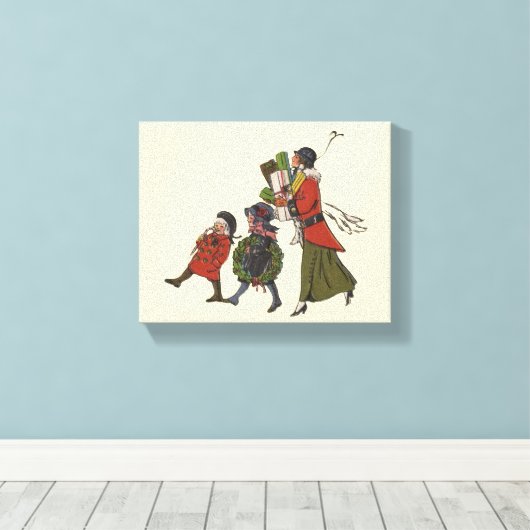 ヴィンテージクリスマスショッピングファミリーおもしろい キャンバスプリント (インサイチュ (ウッドフロア))