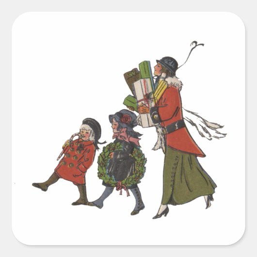 ヴィンテージクリスマスショッピングファミリーおもしろい スクエアシール (正面)