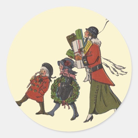 ヴィンテージクリスマスショッピングファミリーおもしろい ラウンドシール (正面)