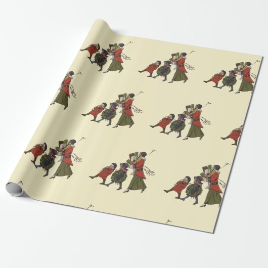 ヴィンテージクリスマスショッピングファミリーおもしろい ラッピングペーパー (アンロールド)