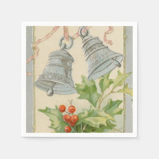 ヴィンテージクリスマスシルバーベル&ホリー スタンダードカクテルナプキン (正面)