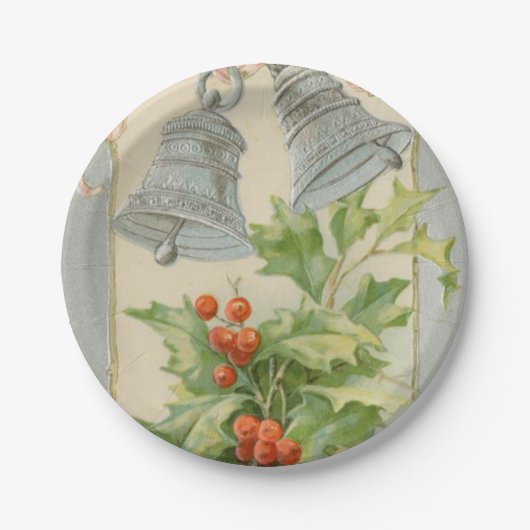 ヴィンテージクリスマスシルバーベル&ホリー ペーパープレート (正面)