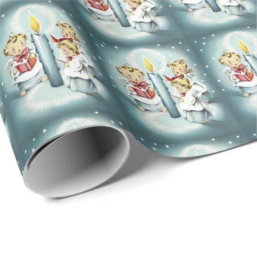 ヴィンテージクリスマスシンギングエンジェルズブルーキャンドル ラッピングペーパー (ロールコーナー)