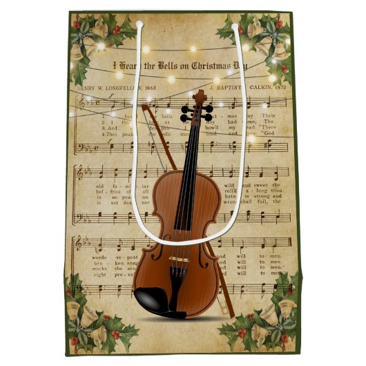 ヴィンテージクリスマスシート音楽とバイオリン ミディアムペーパーバッグ (裏面)