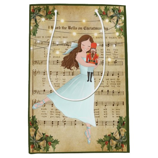 ヴィンテージクリスマスシート音楽とバレリーナ ミディアムペーパーバッグ (正面)