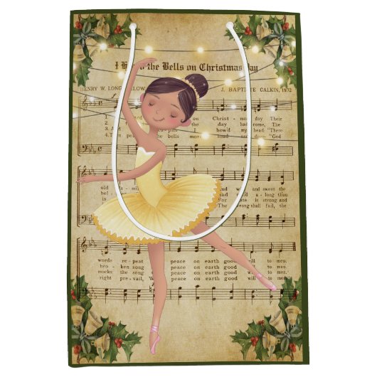 ヴィンテージクリスマスシート音楽とバレリーナ ミディアムペーパーバッグ (正面)